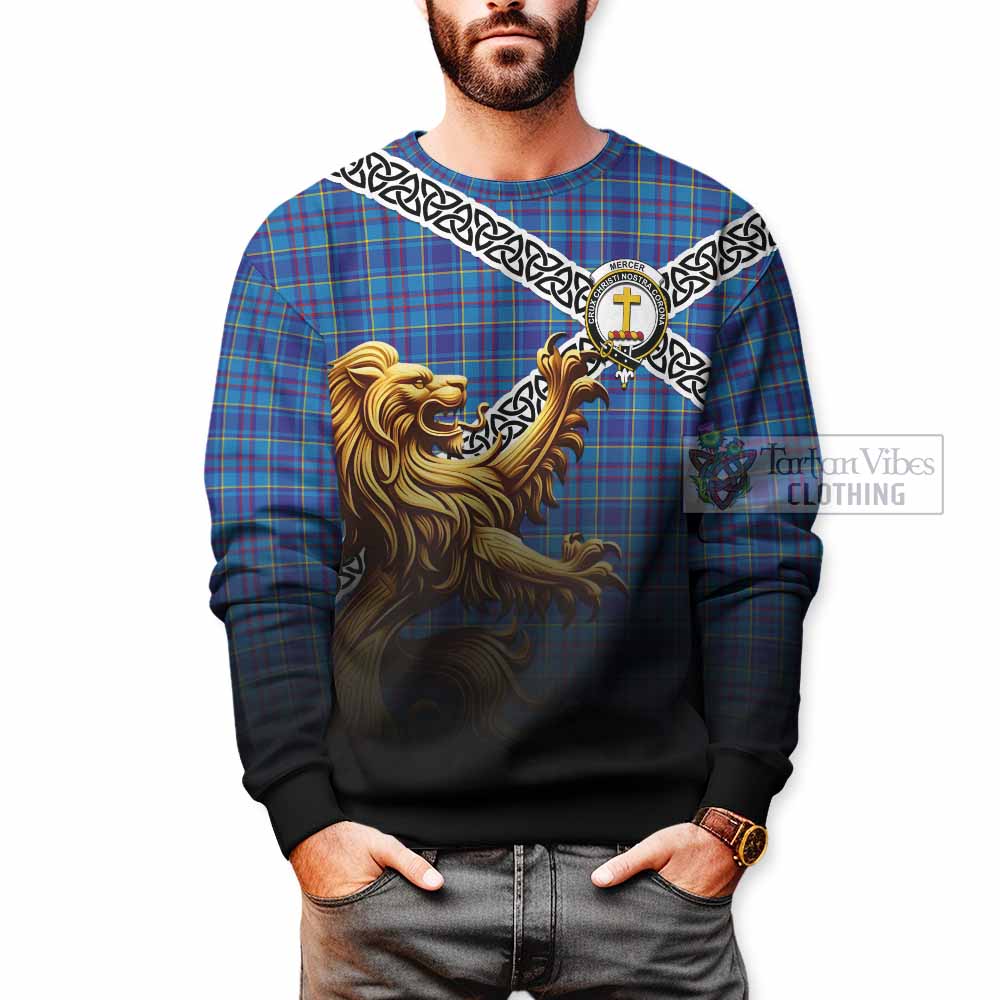 Tartan Vibes Clothing Mercer Crest Tartan Sweatshirt with Golden Lion Emblem Celtic Style