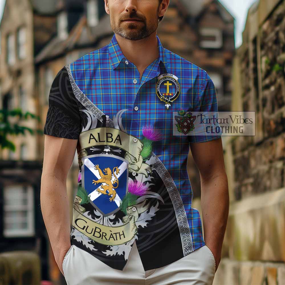 Tartan Vibes Clothing Mercer Tartan Family Crest Short Sleeve Button Shirt Lion Rampant Royal Thistle Shield Celtic Inspired