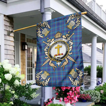 Mercer Tartan Garden Flag with Family Crest and Golden Thistle Crossed Sword Design