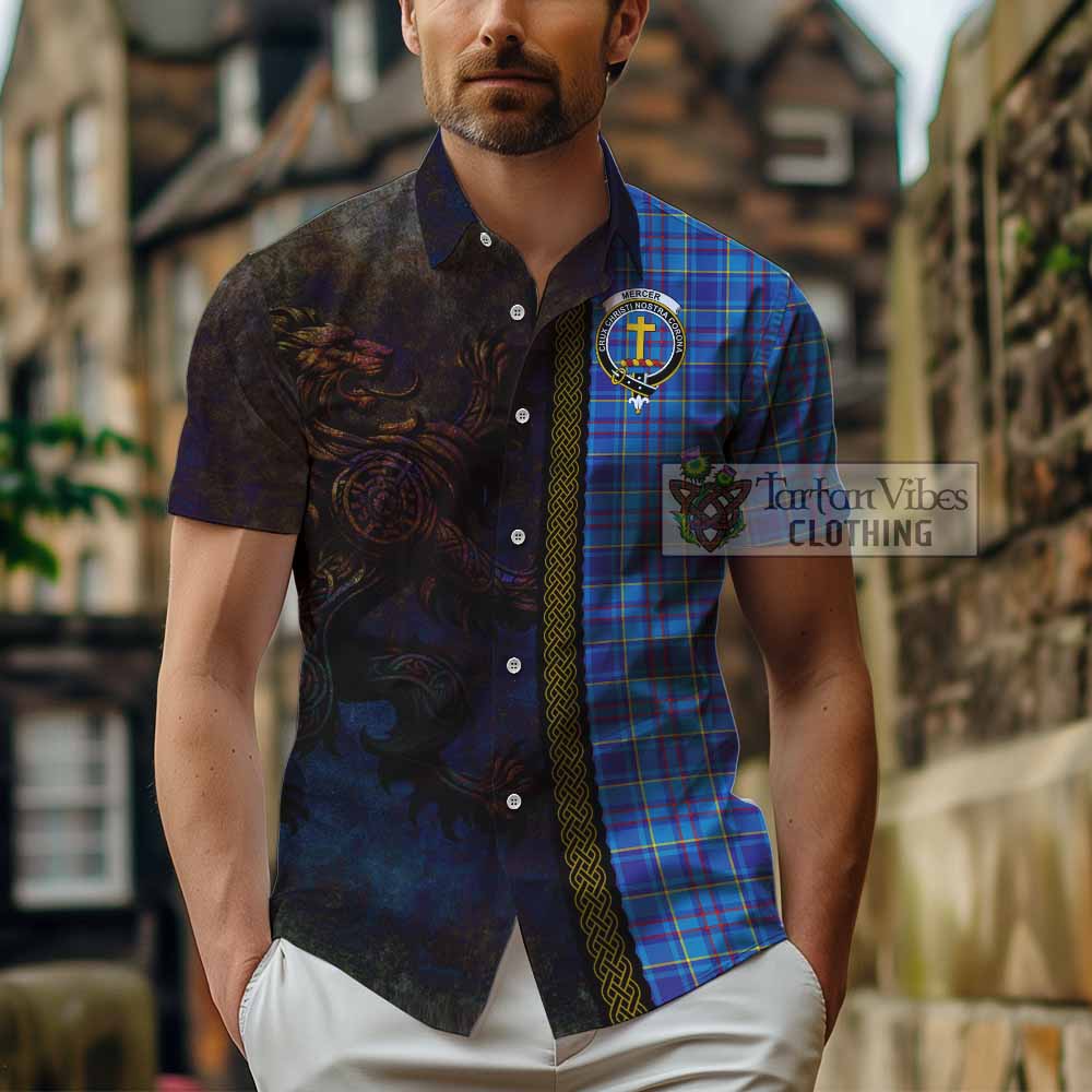 Tartan Vibes Clothing Mercer Tartan Family Crest Short Sleeve Button Shirt Alba Gu Brath Be Brave Lion Ancient Style
