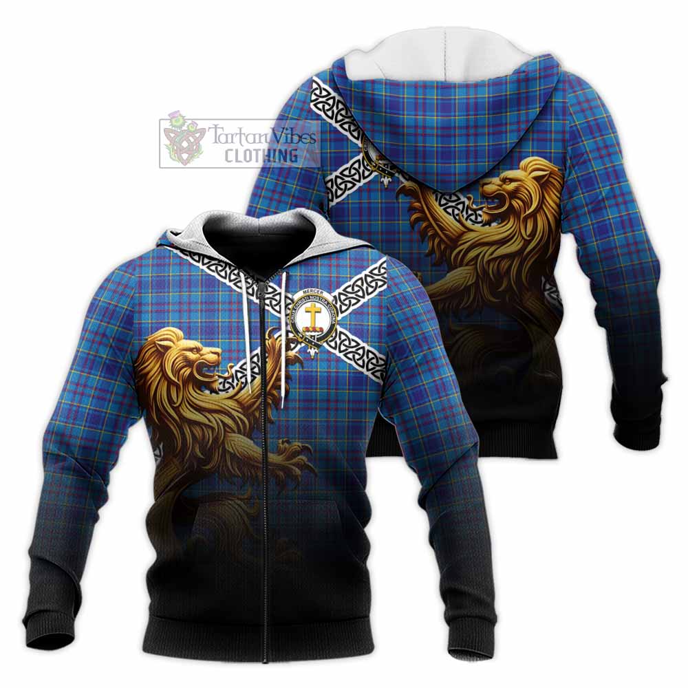 Tartan Vibes Clothing Mercer Crest Tartan Knitted Hoodie with Golden Lion Emblem Celtic Style