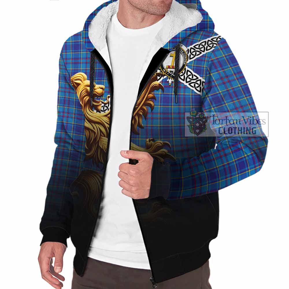 Tartan Vibes Clothing Mercer Crest Tartan Sherpa Hoodie with Golden Lion Emblem Celtic Style