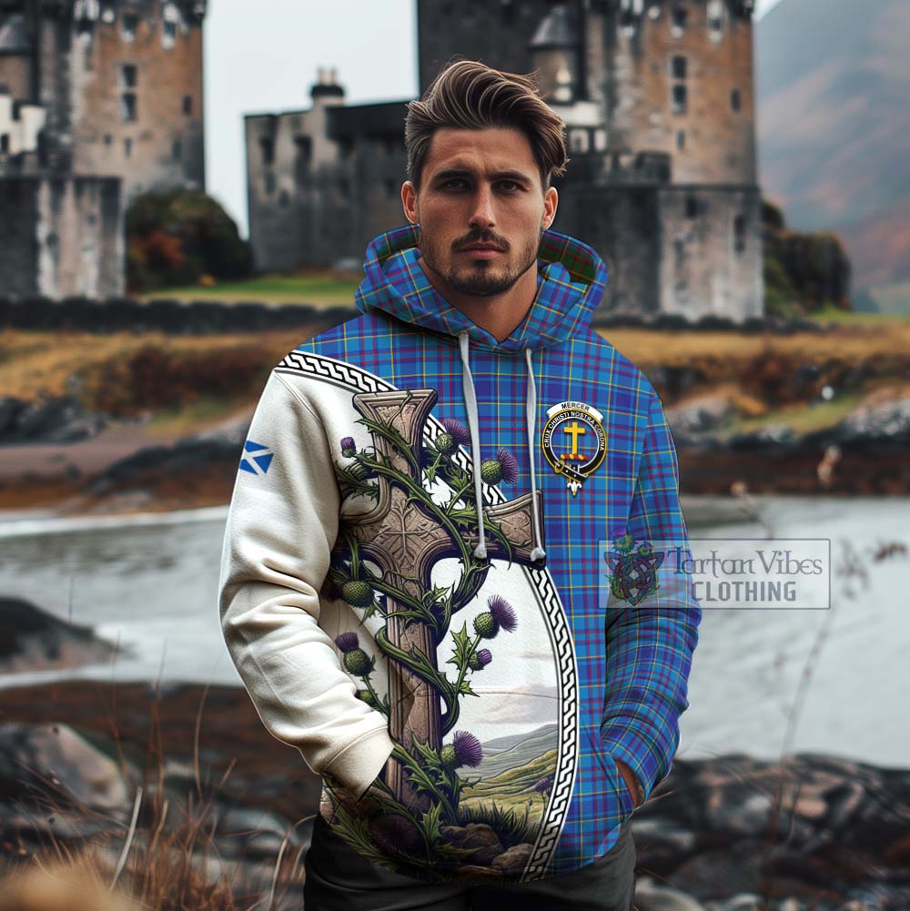 Tartan Vibes Clothing Mercer Tartan Cotton Hoodie with Family Crest and St. Andrew's Cross Accented by Thistle Vines