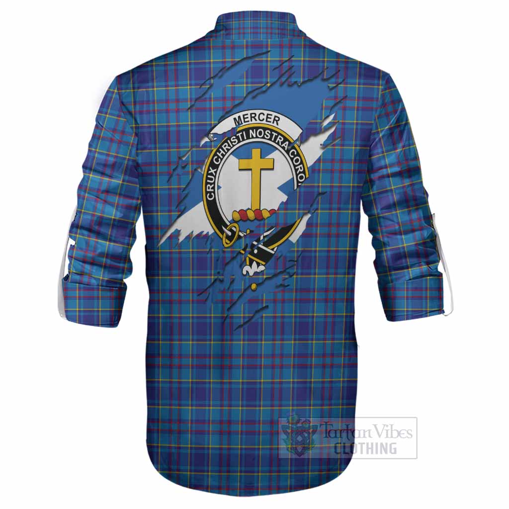 Mercer Clan Crest In Me Tartan Ghillie Shirt Scotland Flag Style