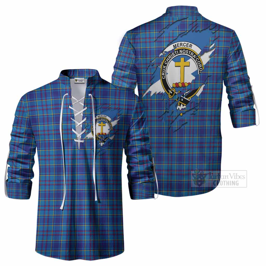 Mercer Clan Crest In Me Tartan Ghillie Shirt Scotland Flag Style