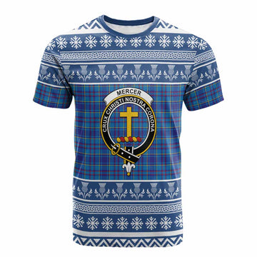 Mercer Clan Tartan Christmas Cotton T-shirt with Family Crest