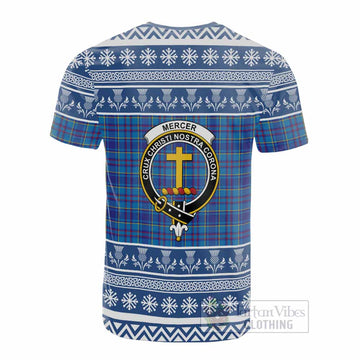 Mercer Clan Tartan Christmas Cotton T-shirt with Family Crest