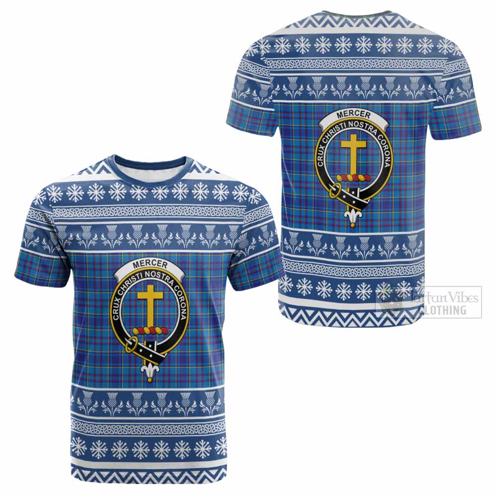 Mercer Clan Tartan Christmas Cotton T-shirt with Family Crest - Tartan Vibes Clothing