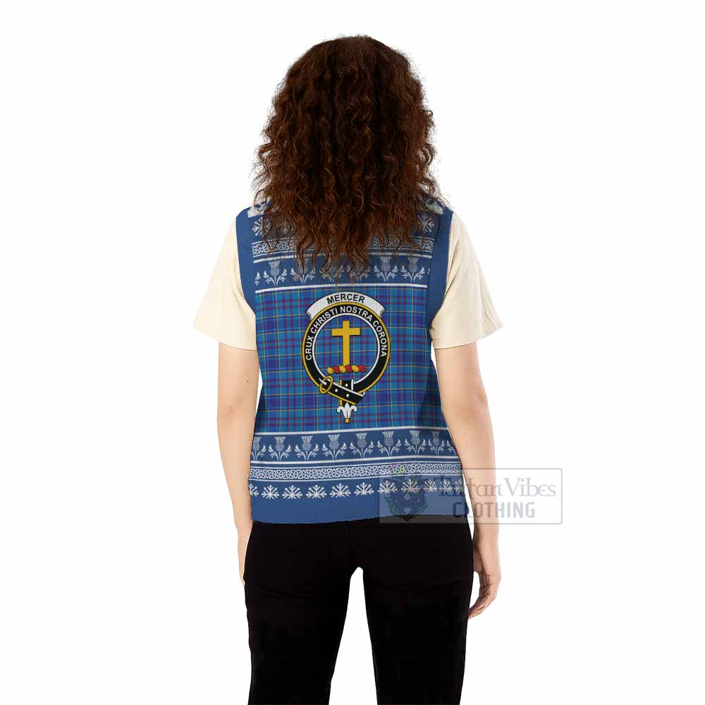 Mercer Clan Tartan Christmas Knitted V-Neck Vest with Family Crest - Tartan Vibes Clothing
