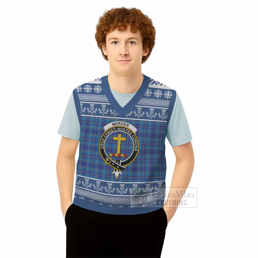 Mercer Clan Tartan Christmas Knitted V-Neck Vest with Family Crest - Tartan Vibes Clothing