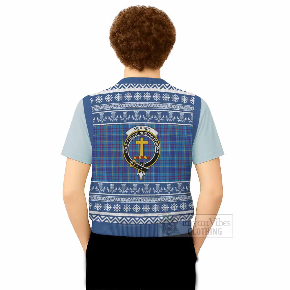Mercer Clan Tartan Christmas Knitted V-Neck Vest with Family Crest - Tartan Vibes Clothing