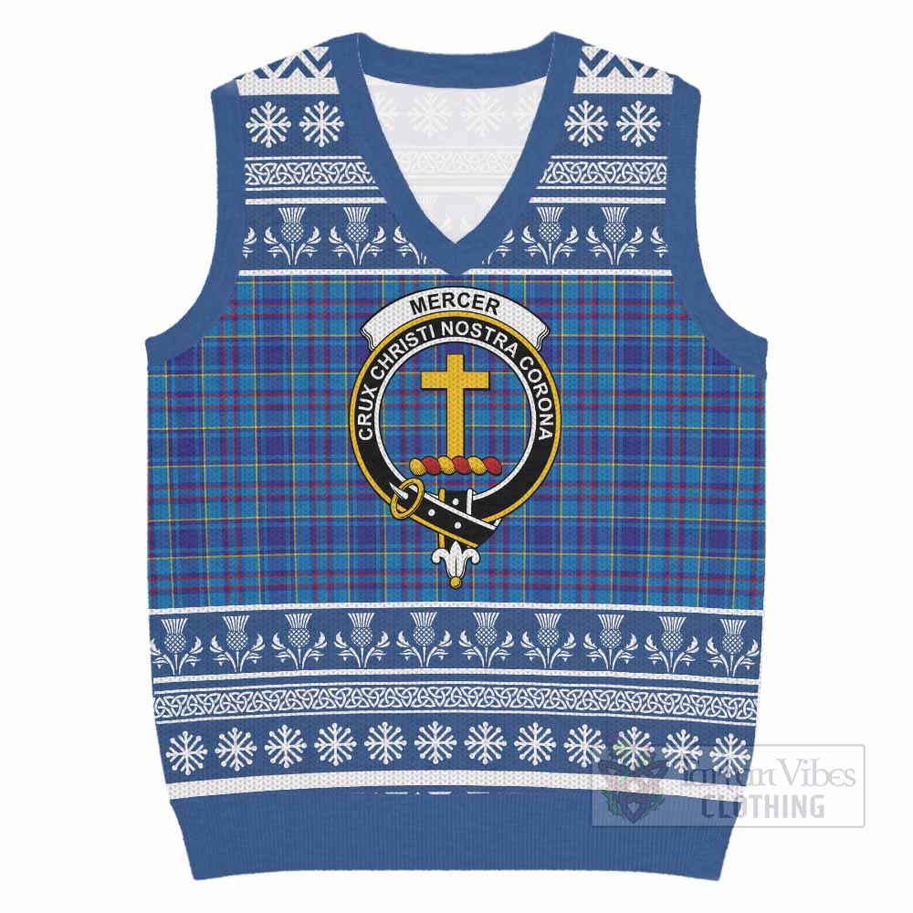 Mercer Clan Tartan Christmas Knitted V-Neck Vest with Family Crest - Tartan Vibes Clothing