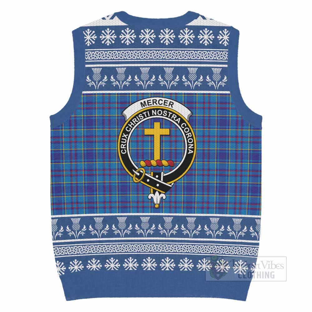 Mercer Clan Tartan Christmas Knitted V-Neck Vest with Family Crest - Tartan Vibes Clothing