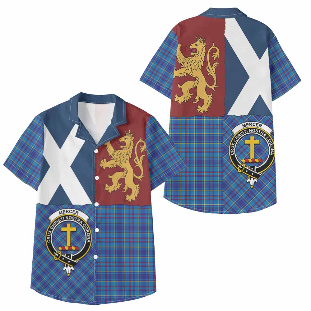Mercer Crest Tartan Kid Hawaiian Shirt with Lion Rampant Saltire Style - Tartan Vibes Clothing