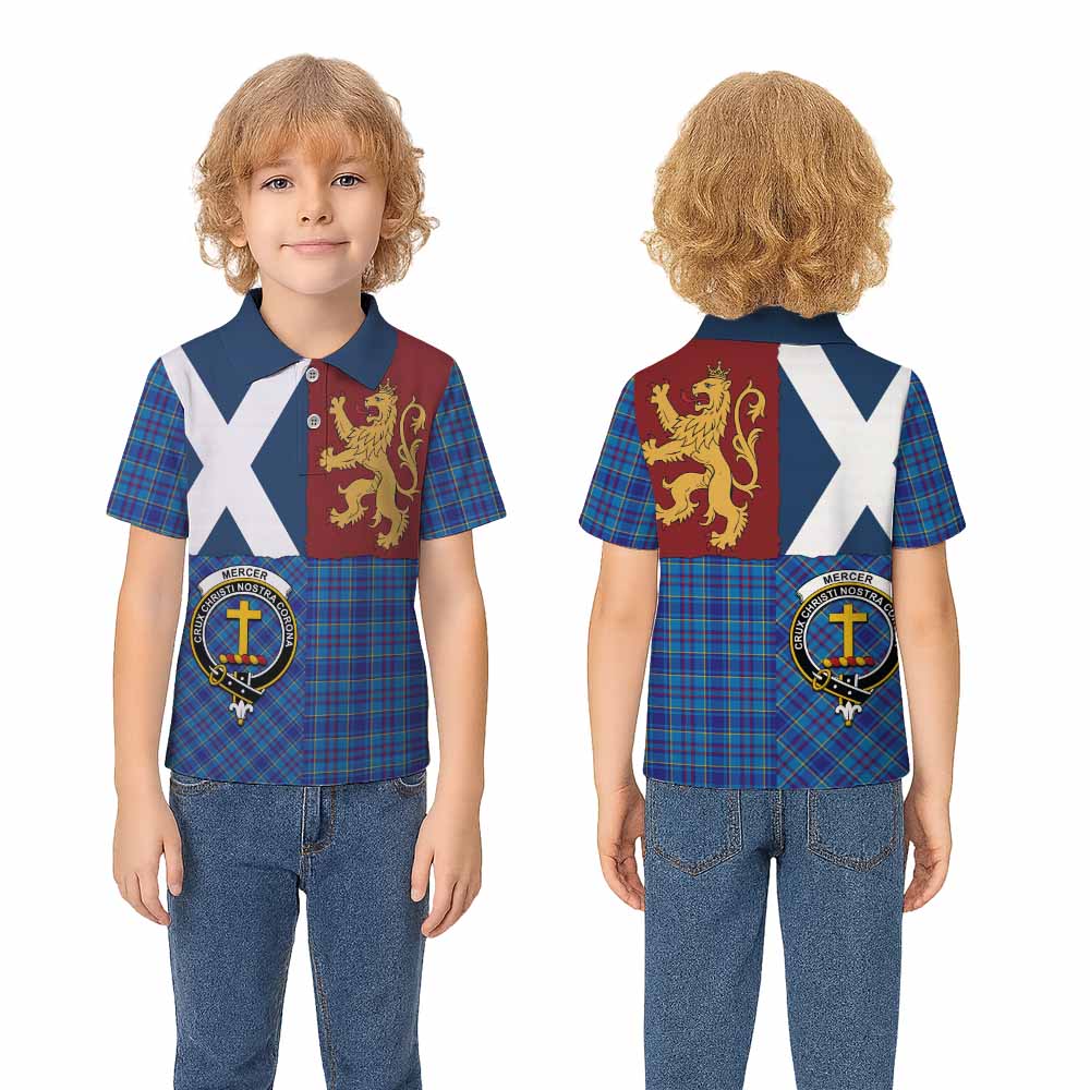 Mercer Crest Tartan Kid Polo Shirt with Lion Rampant Saltire Style - Tartan Vibes Clothing
