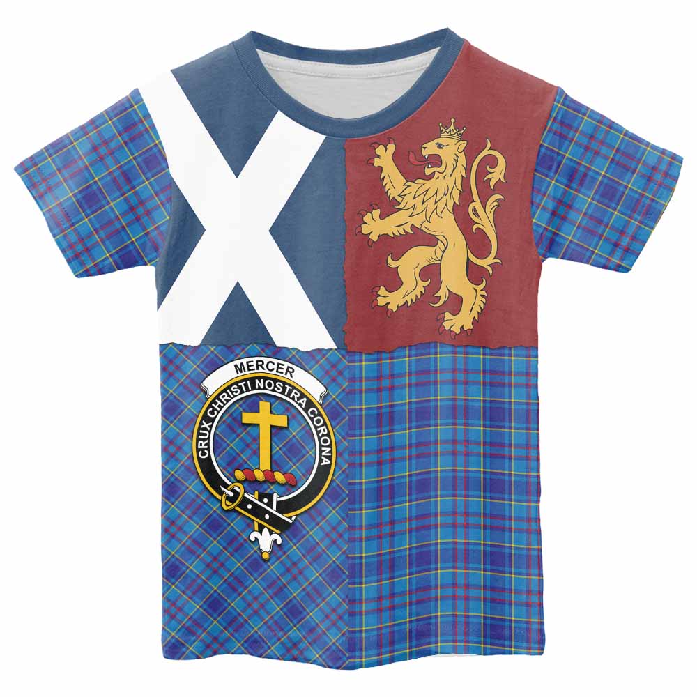 Mercer Crest Tartan Kid T-shirt with Lion Rampant Saltire Style - Tartan Vibes Clothing