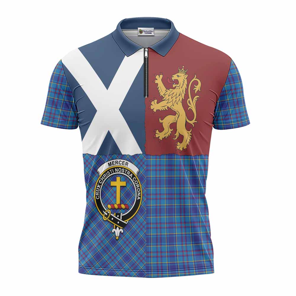 Mercer Crest Tartan Zipper Polo Shirt with Lion Rampant Saltire Style