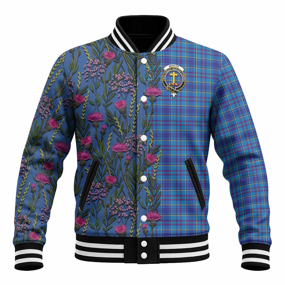 Mercer Family Crest Tartan Baseball Jacket Scottish Thistle Flower Pattern Half Style - Tartan Vibes Clothing