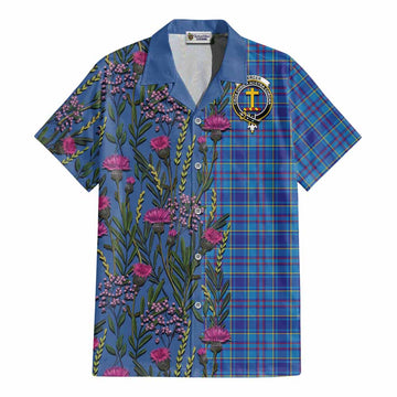 Mercer Family Crest Tartan Cotton Hawaiian Shirt Scottish Thistle Flower Pattern Half Style - Tartan Vibes Clothing