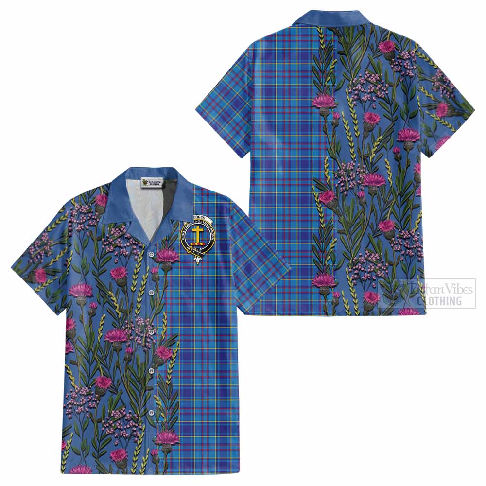 Mercer Family Crest Tartan Cotton Hawaiian Shirt Scottish Thistle Flower Pattern Half Style - Tartan Vibes Clothing