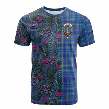 Mercer Family Crest Tartan Cotton T-shirt Scottish Thistle Flower Pattern Half Style