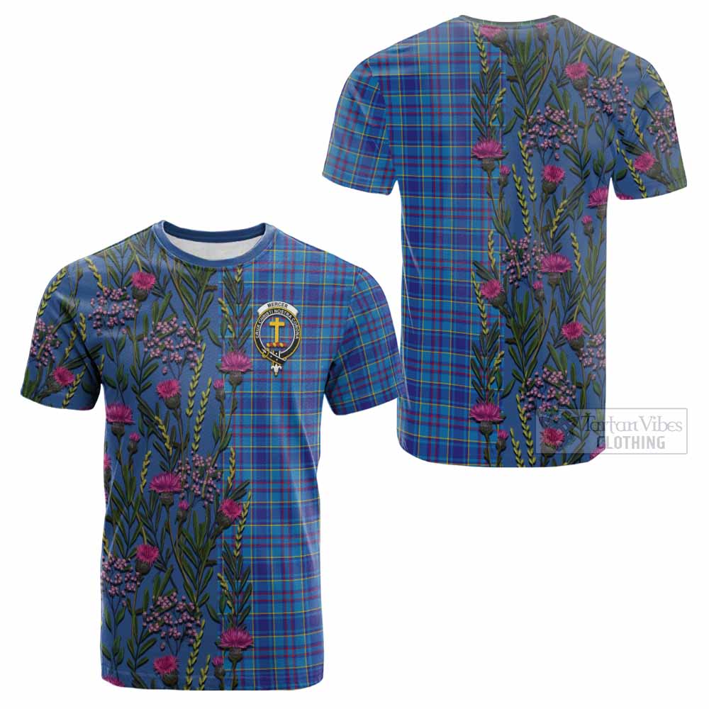Mercer Family Crest Tartan Cotton T-shirt Scottish Thistle Flower Pattern Half Style - Tartan Vibes Clothing