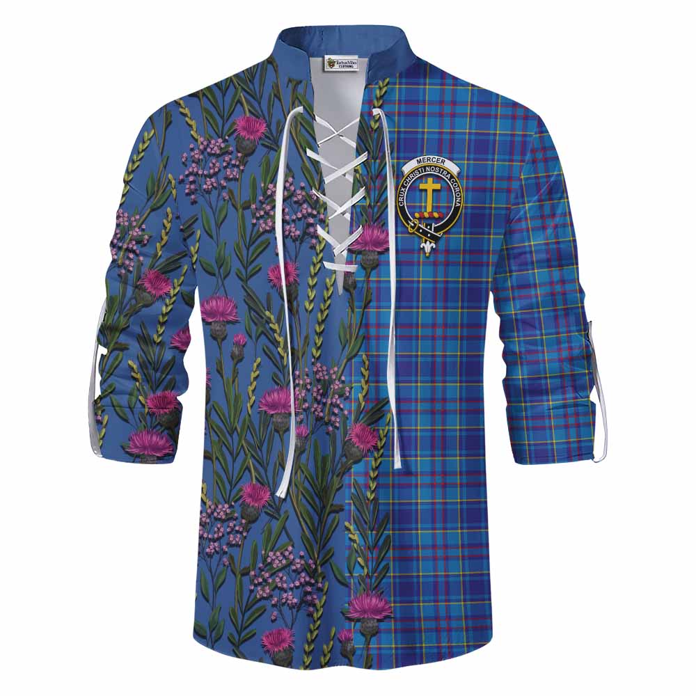 Mercer Family Crest Tartan Ghillie Shirt Scottish Thistle Flower Pattern Half Style - Tartan Vibes Clothing