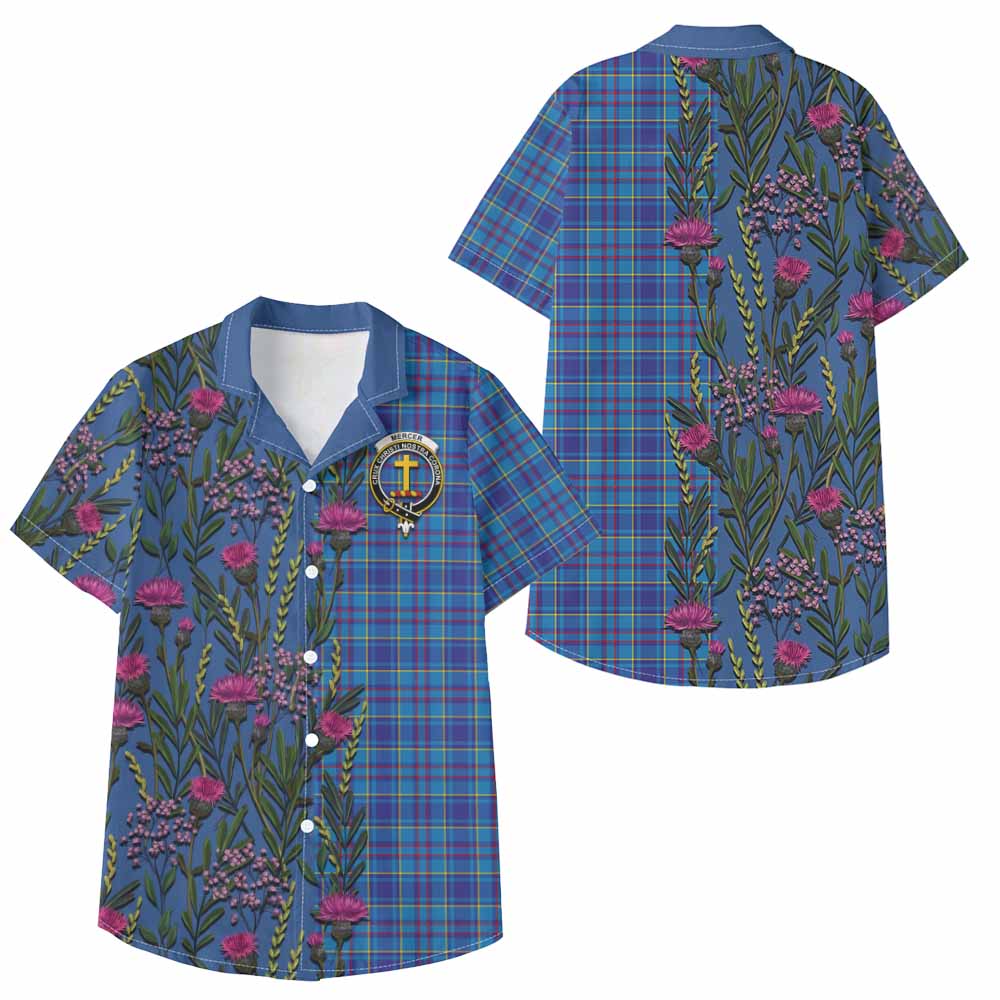 Mercer Family Crest Tartan Kid Hawaiian Shirt Scottish Thistle Flower Pattern Half Style - Tartan Vibes Clothing