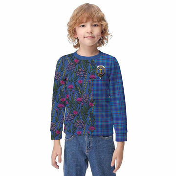 Mercer Family Crest Tartan Kid Knitted Sweatshirt Scottish Thistle Flower Pattern Half Style - Tartan Vibes Clothing