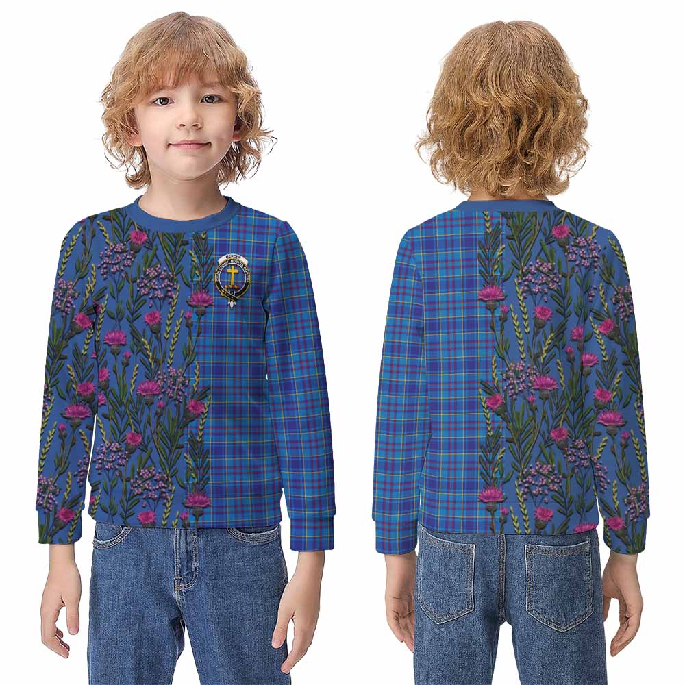 Mercer Family Crest Tartan Kid Knitted Sweatshirt Scottish Thistle Flower Pattern Half Style - Tartan Vibes Clothing
