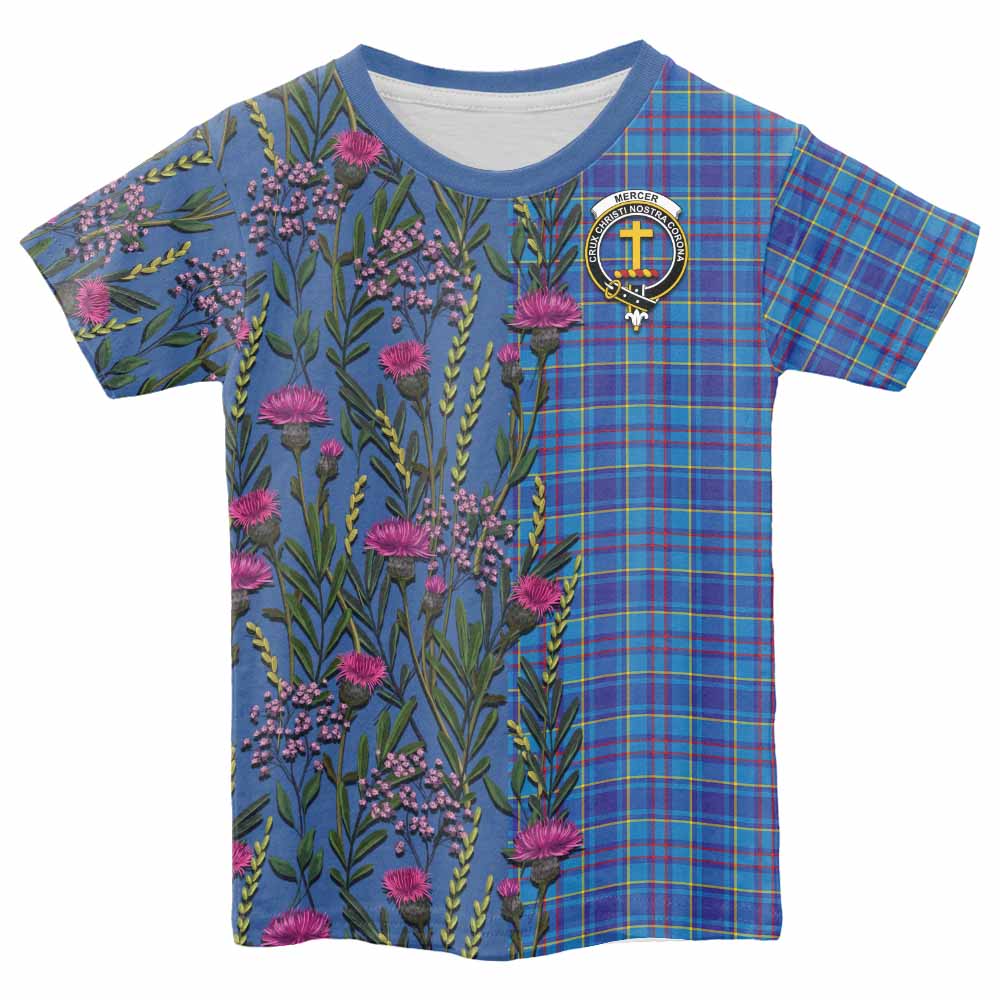 Mercer Family Crest Tartan Kid T-shirt Scottish Thistle Flower Pattern Half Style - Tartan Vibes Clothing