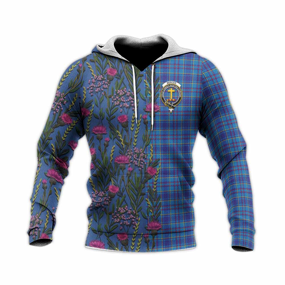 Mercer Family Crest Tartan Knitted Hoodie Scottish Thistle Flower Pattern Half Style - Tartan Vibes Clothing