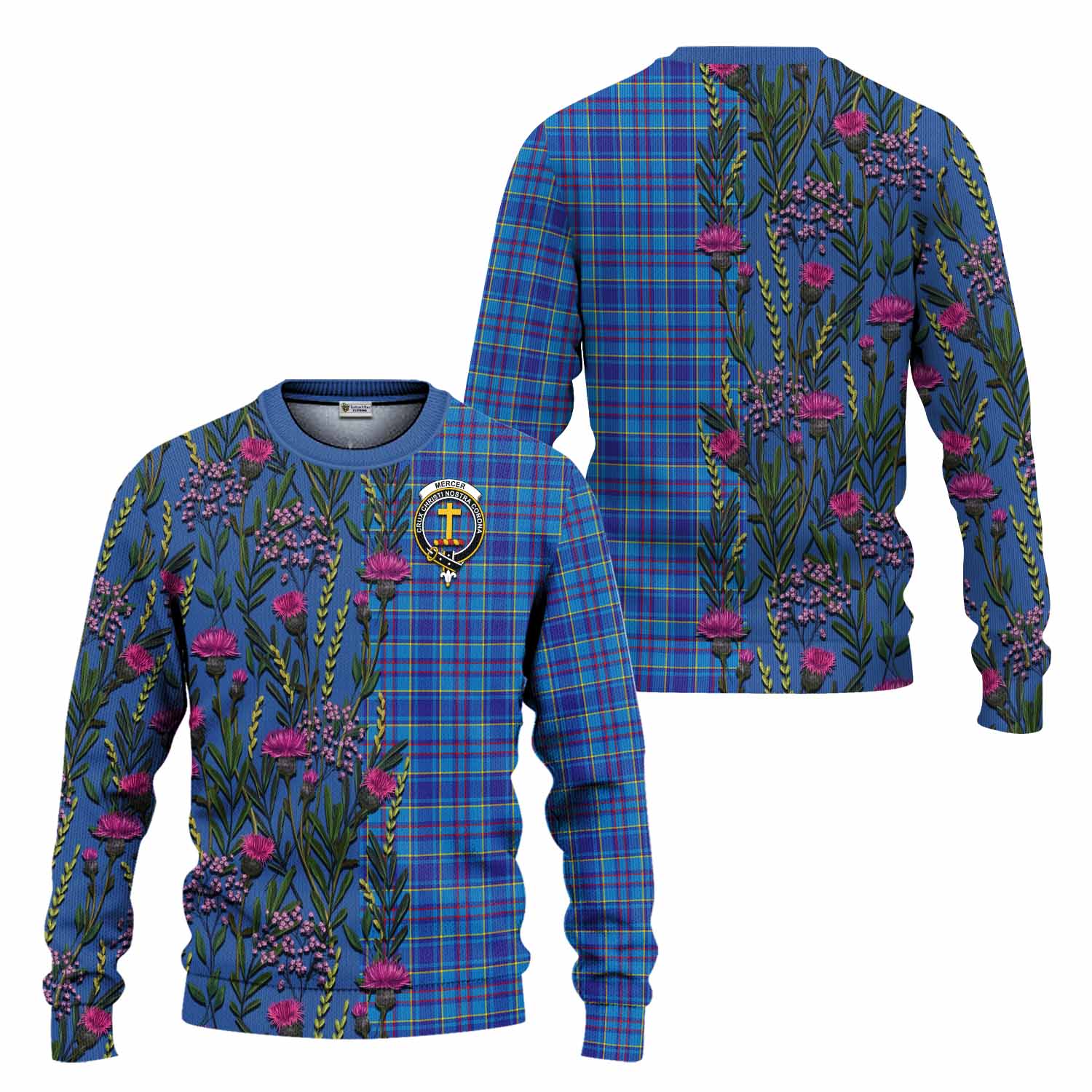 Mercer Family Crest Tartan Knitted Sweater Scottish Thistle Flower Pattern Half Style - Tartan Vibes Clothing