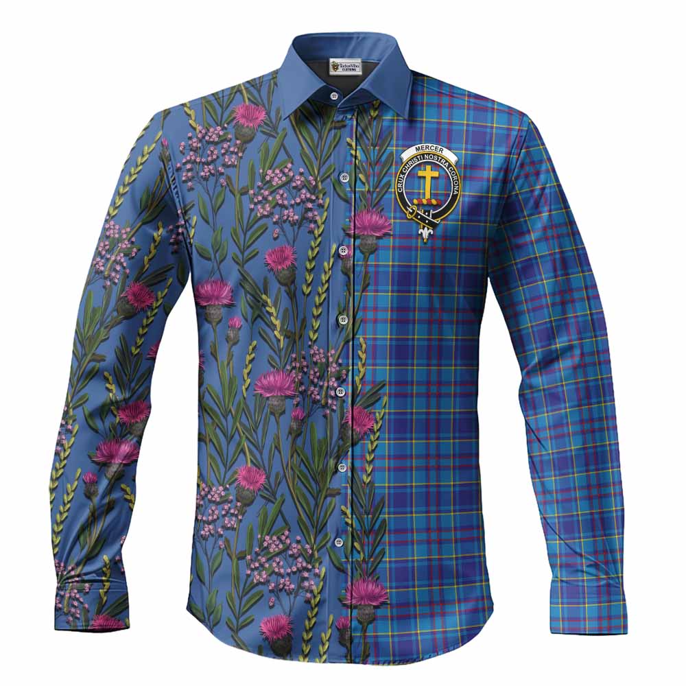 Mercer Family Crest Tartan Long Sleeve Button Shirts Scottish Thistle Flower Pattern Half Style - Tartan Vibes Clothing