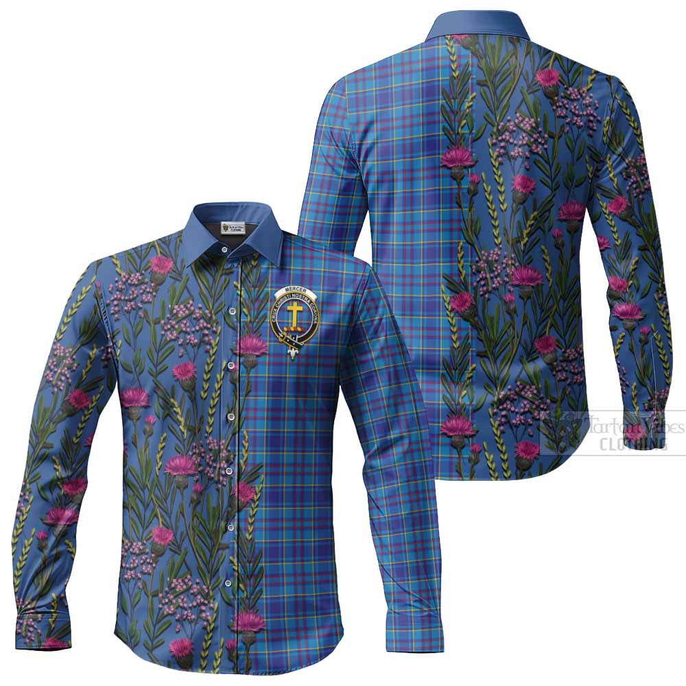 Mercer Family Crest Tartan Long Sleeve Button Shirts Scottish Thistle Flower Pattern Half Style - Tartan Vibes Clothing