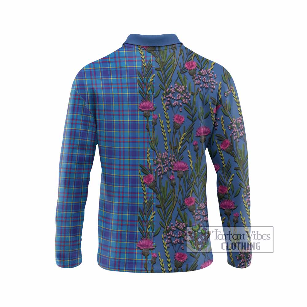 Mercer Family Crest Tartan Long Sleeve Polo Shirt Scottish Thistle Flower Pattern Half Style - Tartan Vibes Clothing