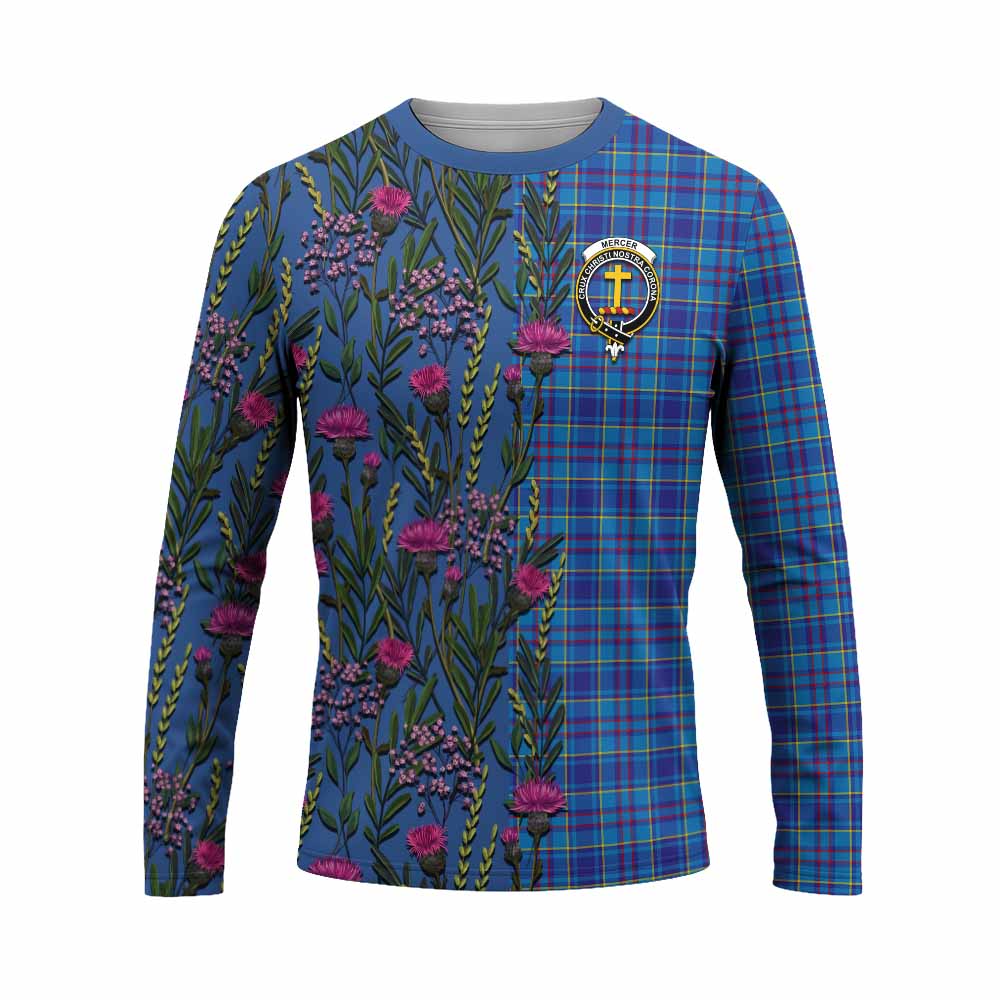 Mercer Family Crest Tartan Long Sleeve T-Shirt Scottish Thistle Flower Pattern Half Style - Tartan Vibes Clothing