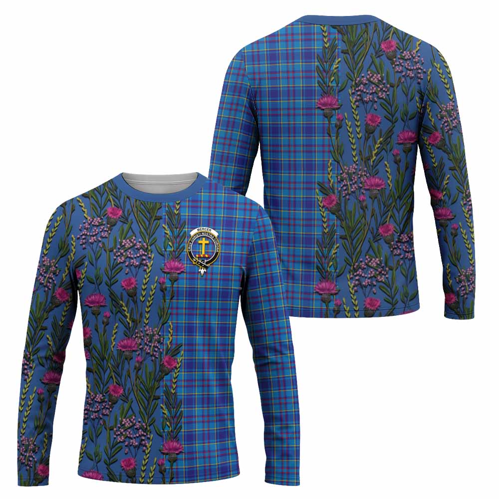 Mercer Family Crest Tartan Long Sleeve T-Shirt Scottish Thistle Flower Pattern Half Style - Tartan Vibes Clothing