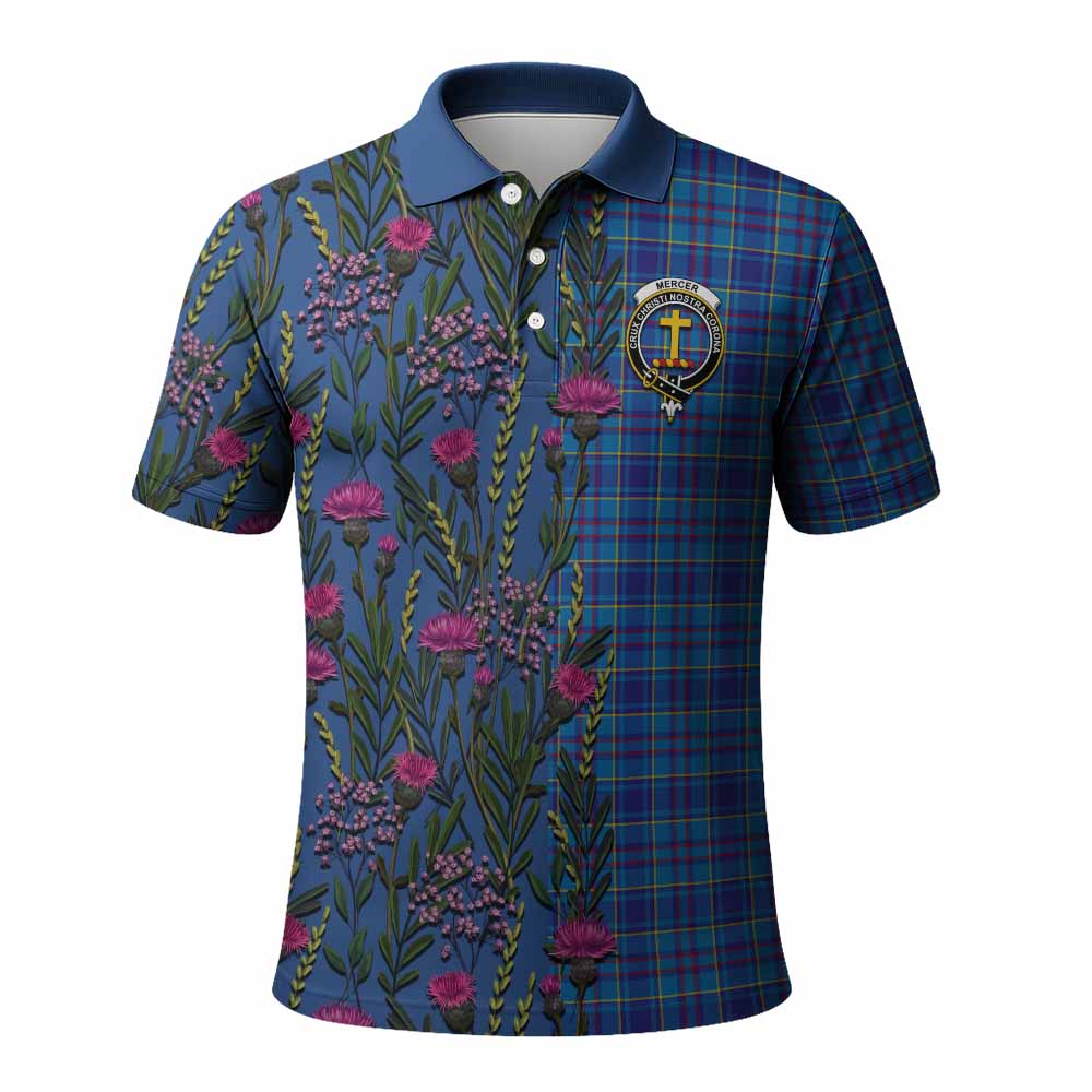 Mercer Family Crest Tartan Polo Shirt Scottish Thistle Flower Pattern Half Style - Tartan Vibes Clothing