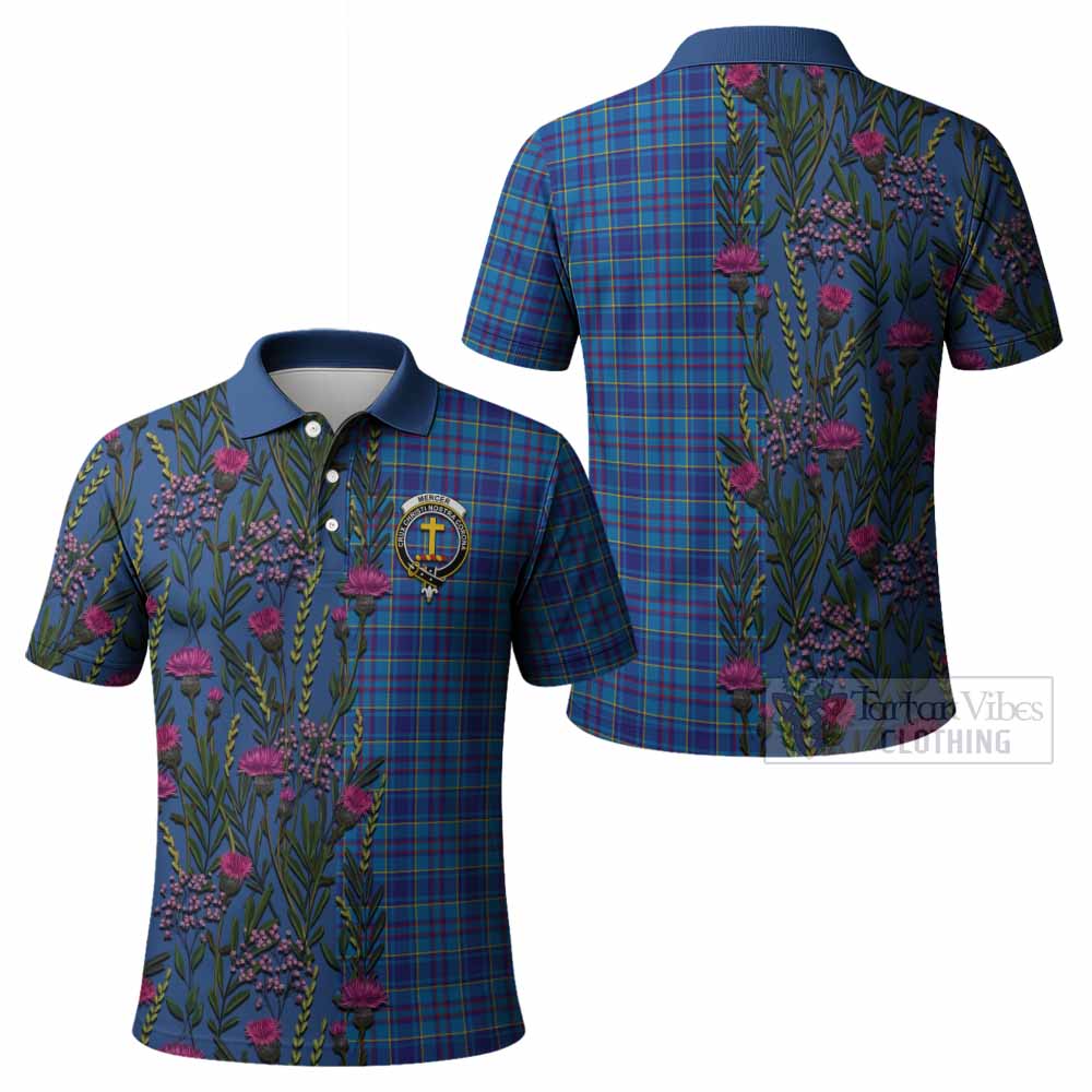 Mercer Family Crest Tartan Polo Shirt Scottish Thistle Flower Pattern Half Style - Tartan Vibes Clothing
