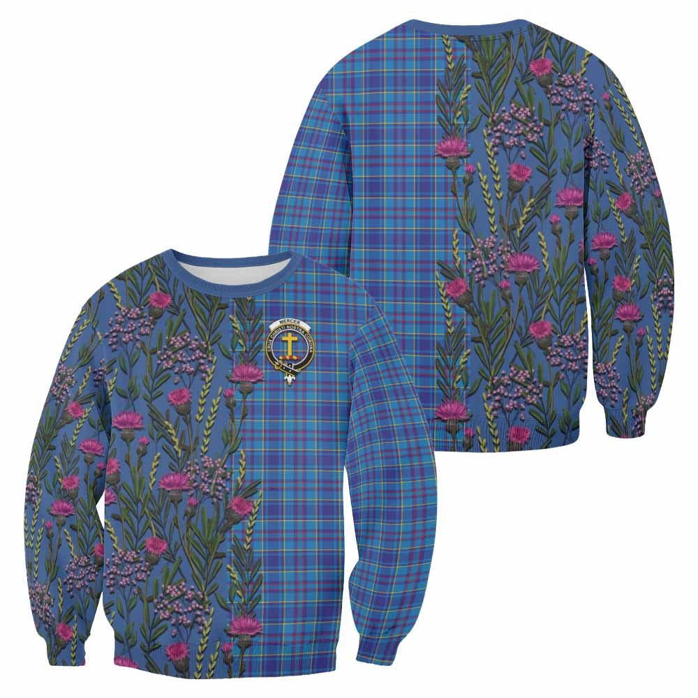 Mercer Family Crest Tartan Sweatshirt Scottish Thistle Flower Pattern Half Style - Tartan Vibes Clothing