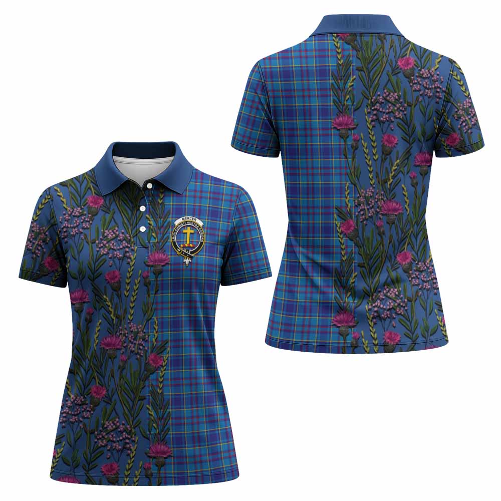 Mercer Family Crest Tartan Women Polo Shirt Scottish Thistle Flower Pattern Half Style - Tartan Vibes Clothing