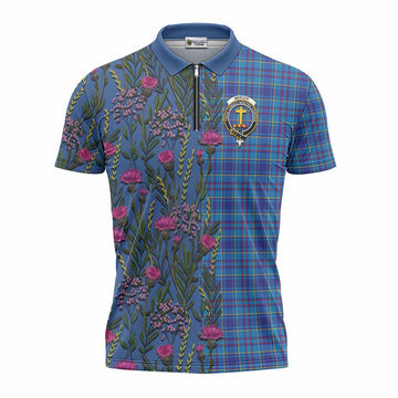 Mercer Family Crest Tartan Zipper Polo Shirt Scottish Thistle Flower Pattern Half Style