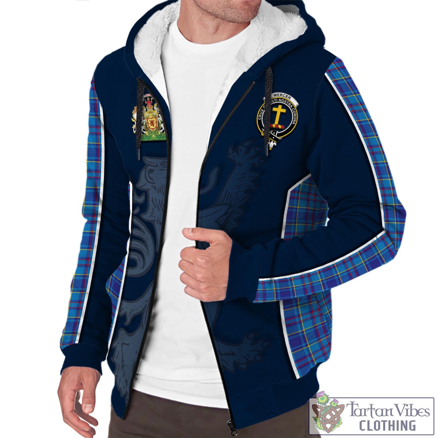 Tartan Vibes Clothing Mercer Modern Tartan Sherpa Hoodie with Family Crest and Lion Rampant Vibes Sport Style