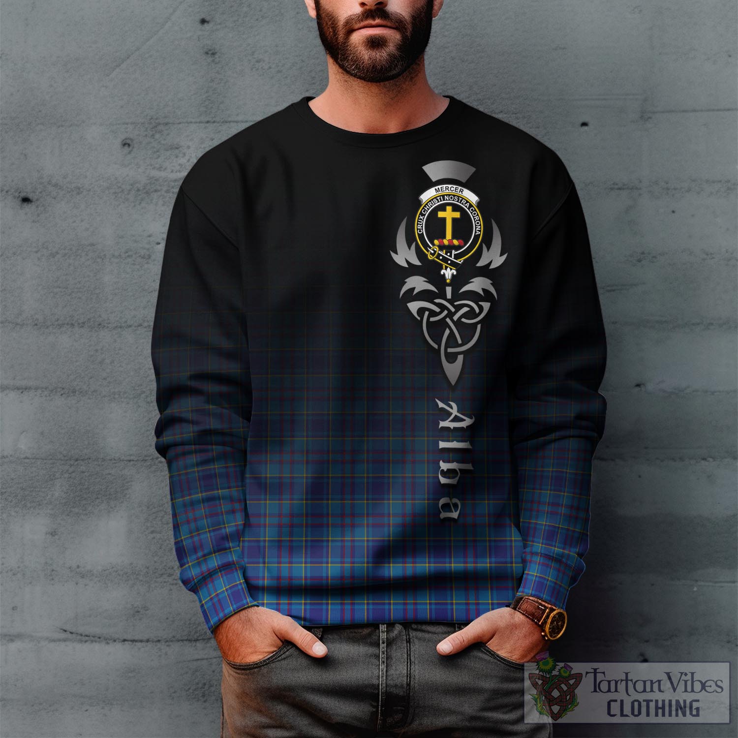 Tartan Vibes Clothing Mercer Modern Tartan Sweatshirt Featuring Alba Gu Brath Family Crest Celtic Inspired