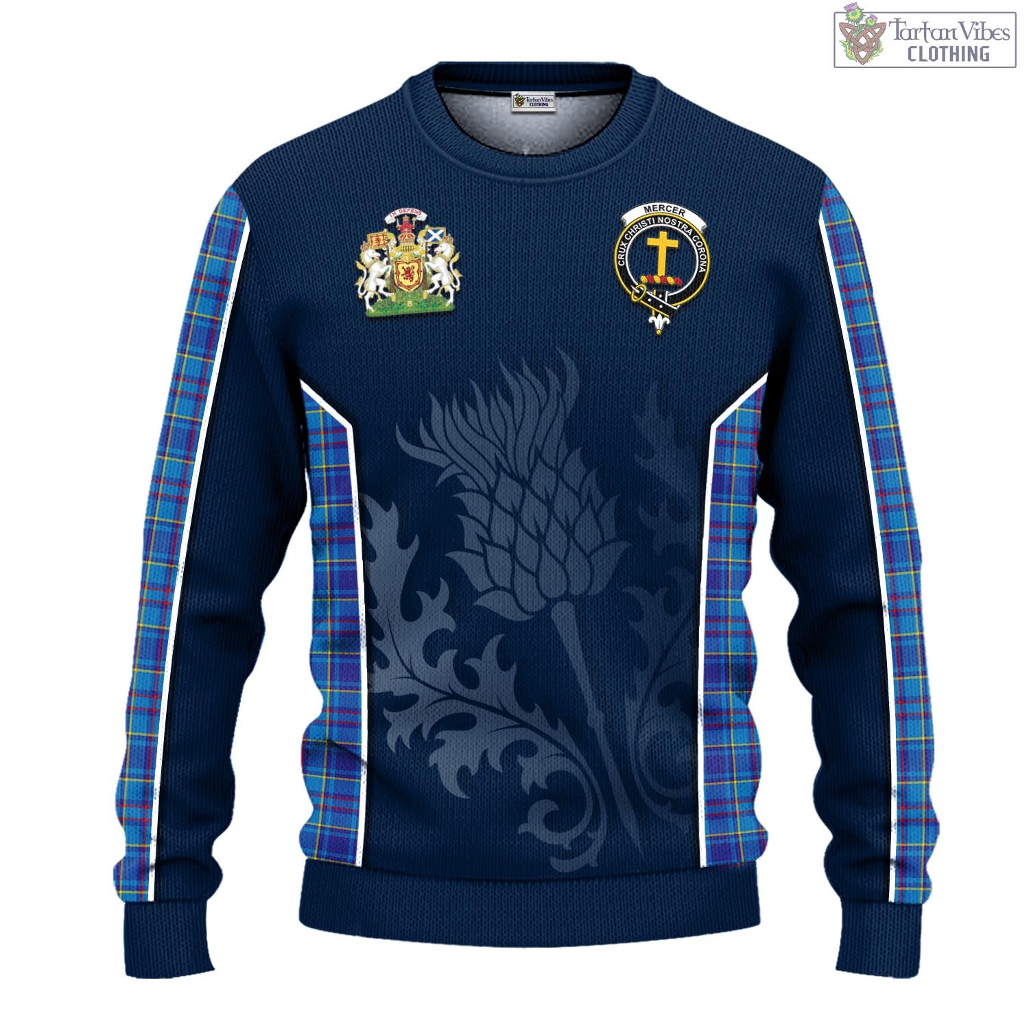 Tartan Vibes Clothing Mercer Modern Tartan Knitted Sweatshirt with Family Crest and Scottish Thistle Vibes Sport Style