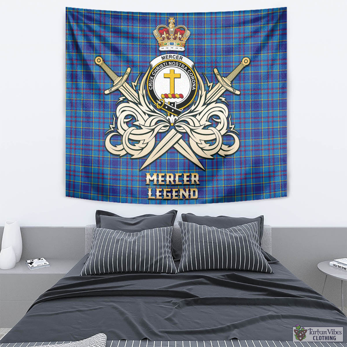 Tartan Vibes Clothing Mercer Modern Tartan Tapestry with Clan Crest and the Golden Sword of Courageous Legacy