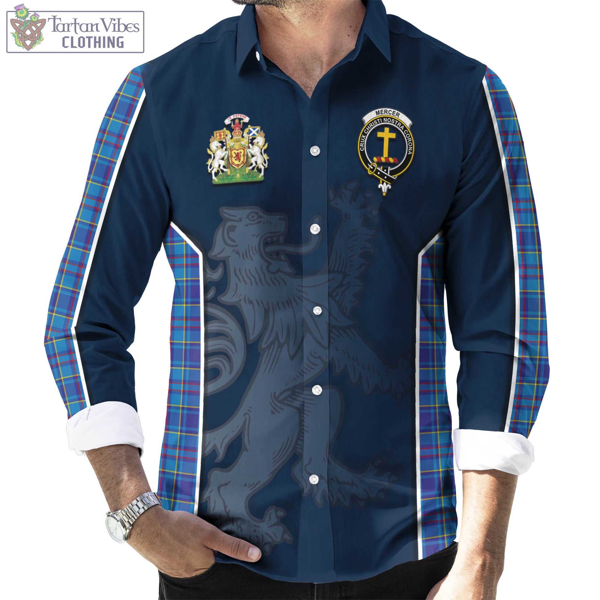Tartan Vibes Clothing Mercer Modern Tartan Long Sleeve Button Up Shirt with Family Crest and Lion Rampant Vibes Sport Style