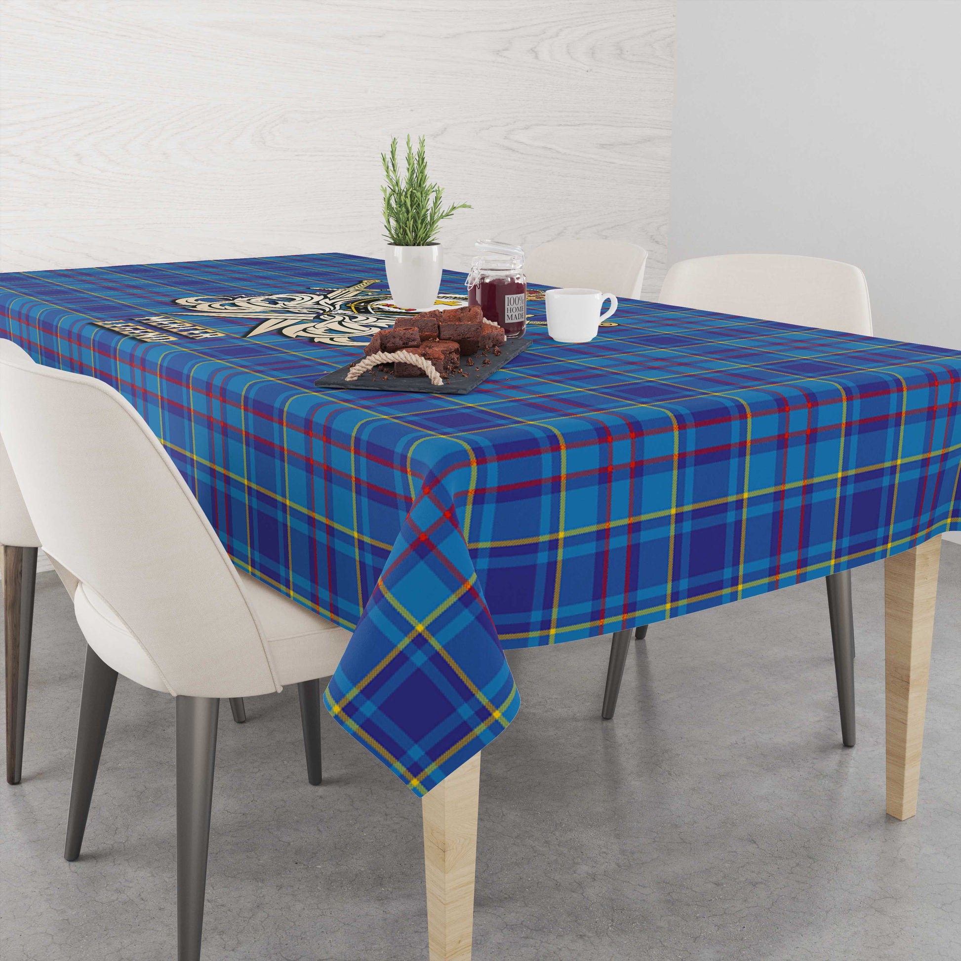 Tartan Vibes Clothing Mercer Modern Tartan Tablecloth with Clan Crest and the Golden Sword of Courageous Legacy