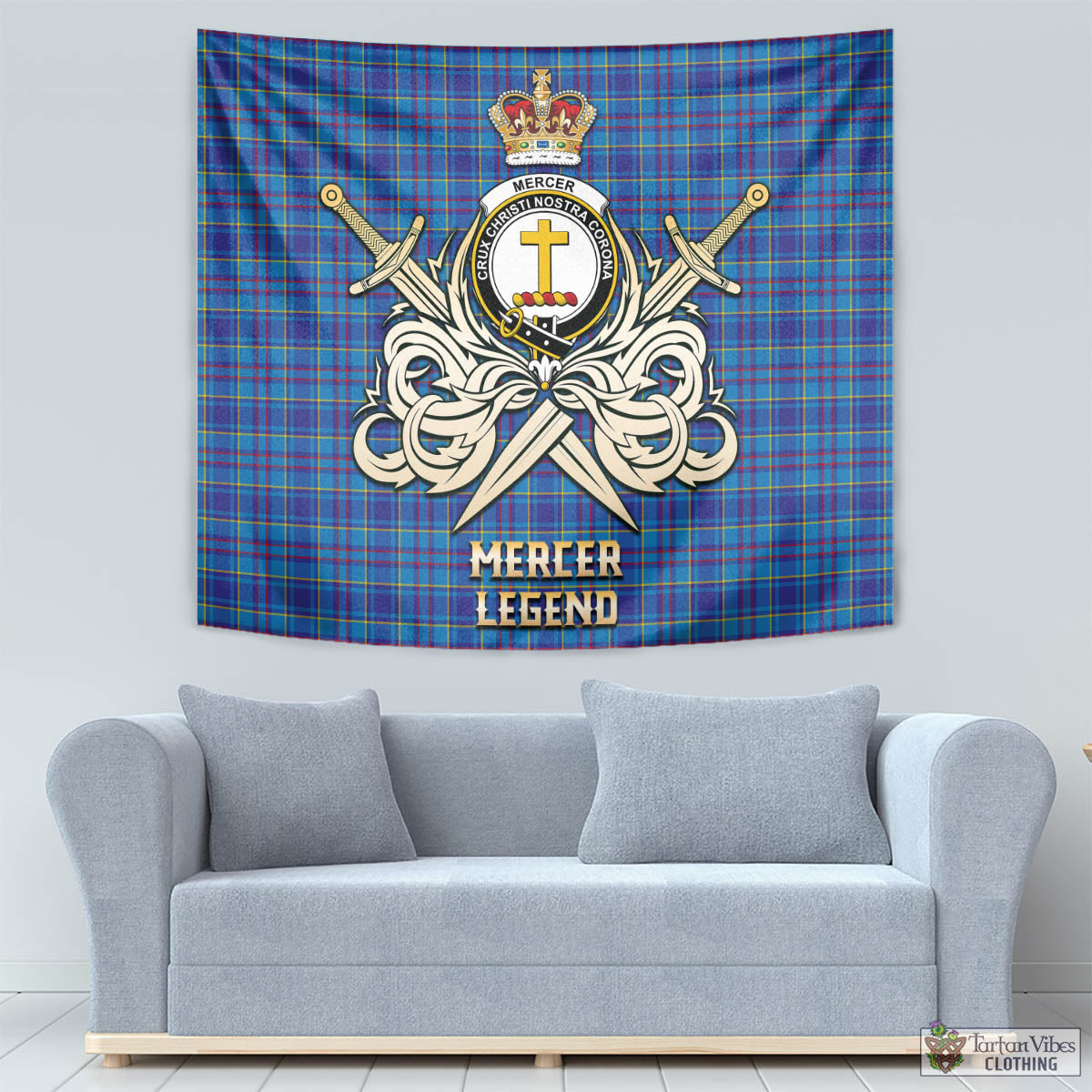 Tartan Vibes Clothing Mercer Modern Tartan Tapestry with Clan Crest and the Golden Sword of Courageous Legacy